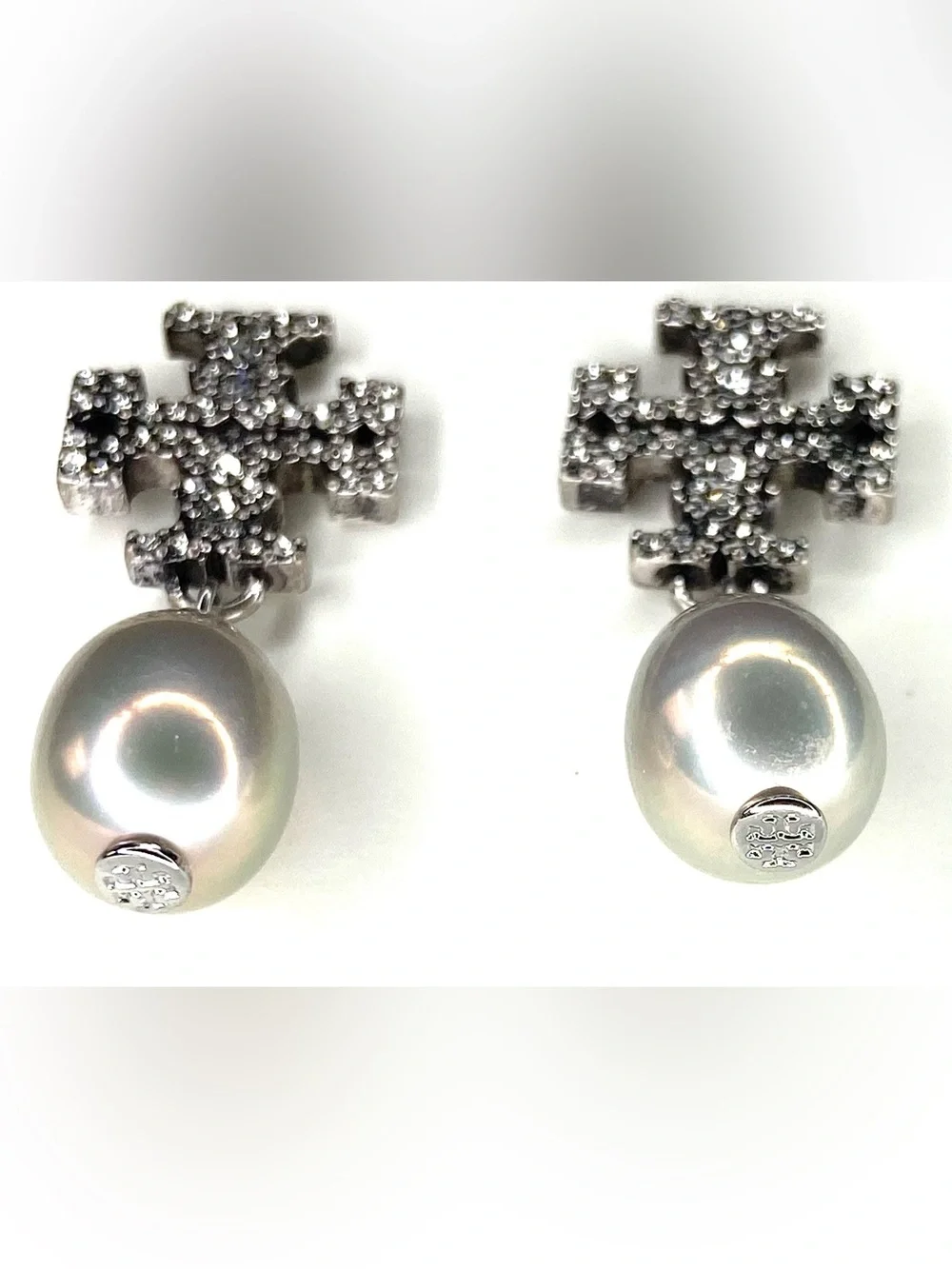 Tory Burch Silver Crystal Logo Drop Earrings with fresh water Pearls